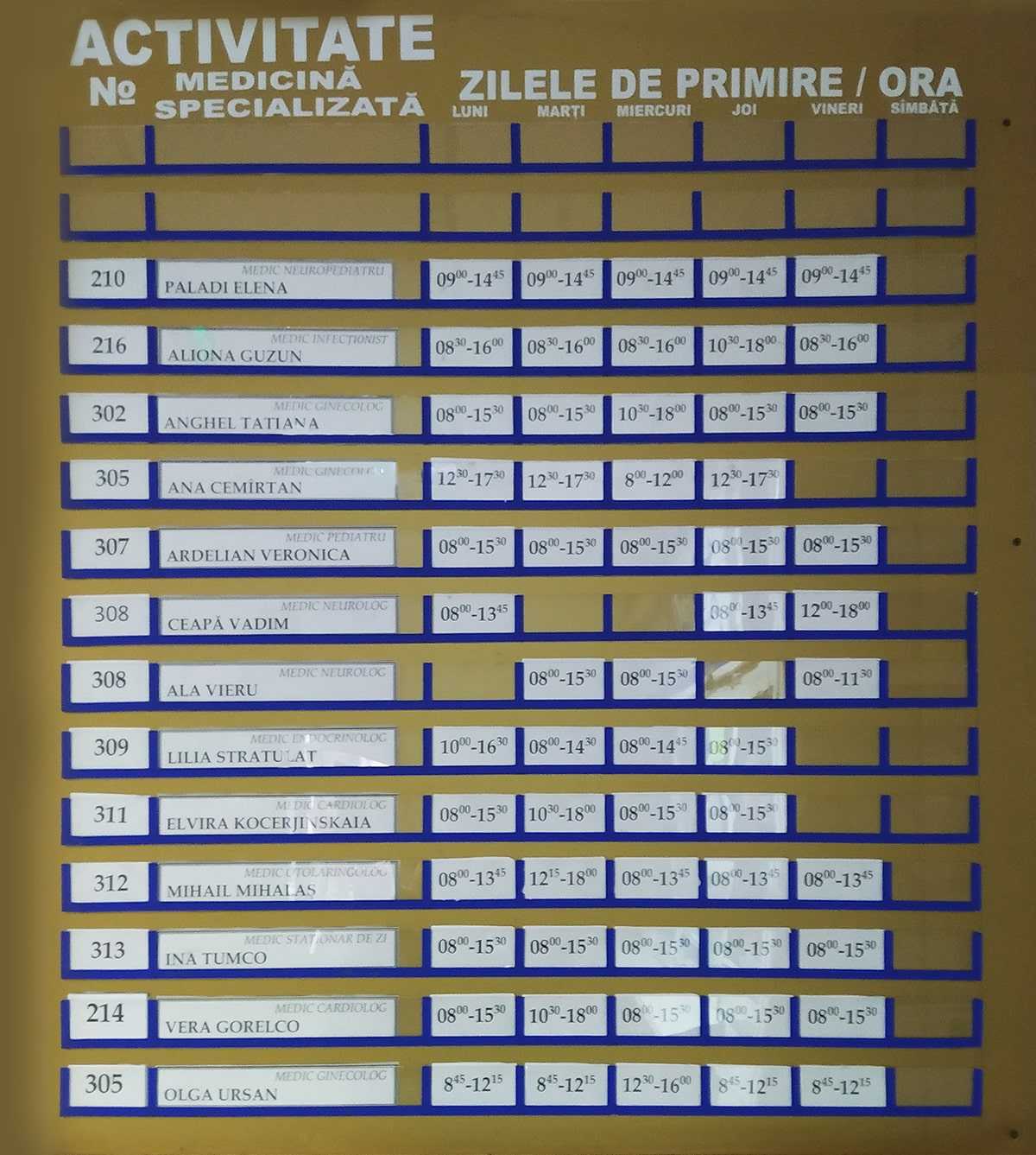 Centrul Medicilor de Familie nr. 4, or. Chișinău, sectorul Buiucani. Programul medicilor specialiști.